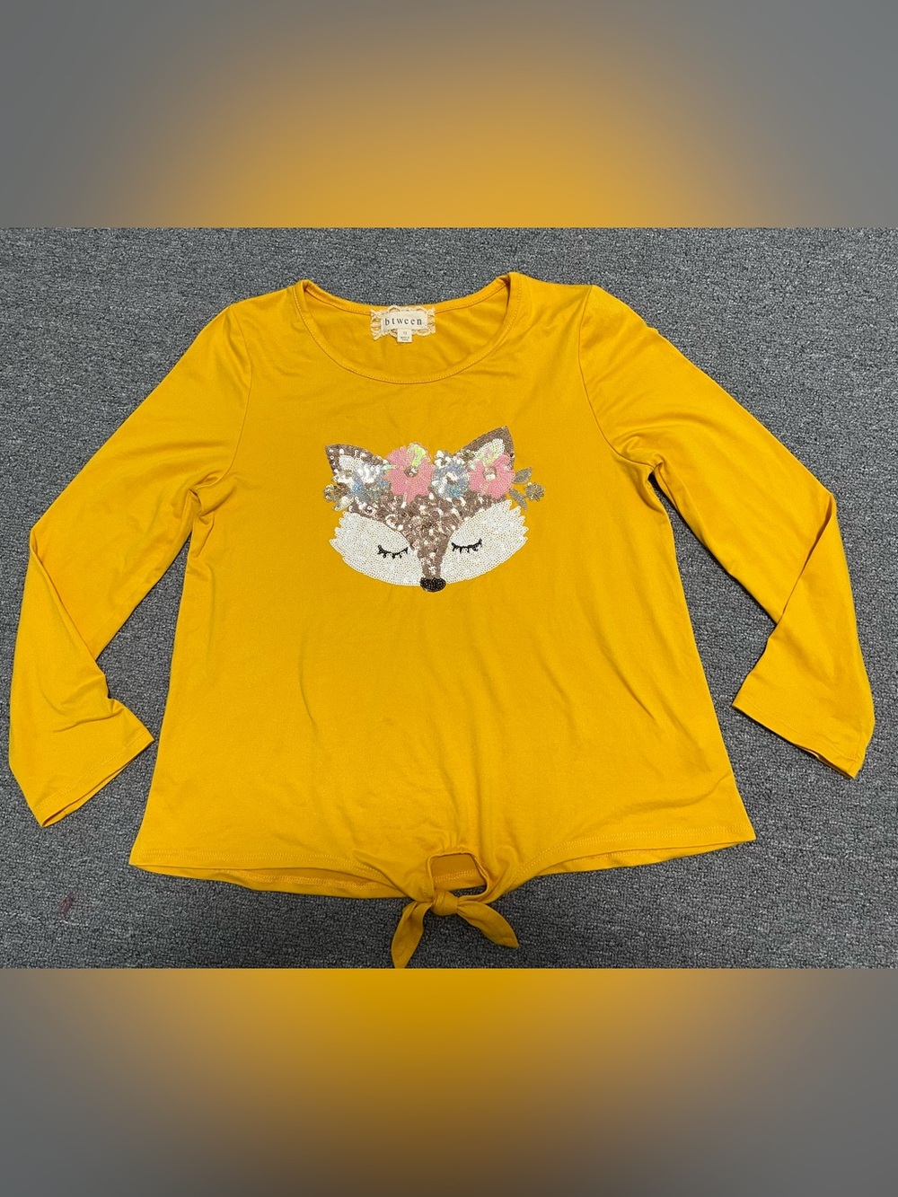 btween Girl’s Mustard Long-Sleeve Fox Sequin Tie-Front Top 12T